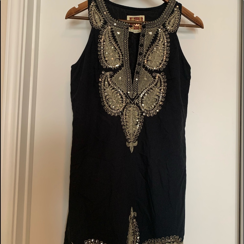 Free People Black Sleeveless Gold Embroidered Tunic